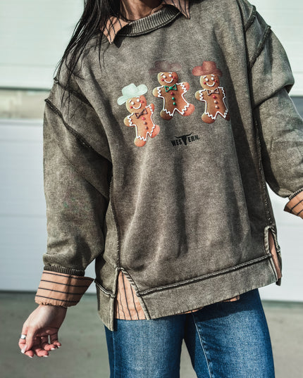 Gingerbread Cowboys Crew Sweater - Dark Olive