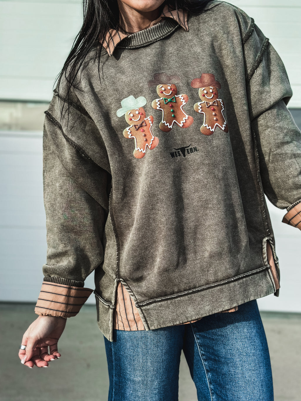 Gingerbread Cowboys Crew Sweater - Dark Olive