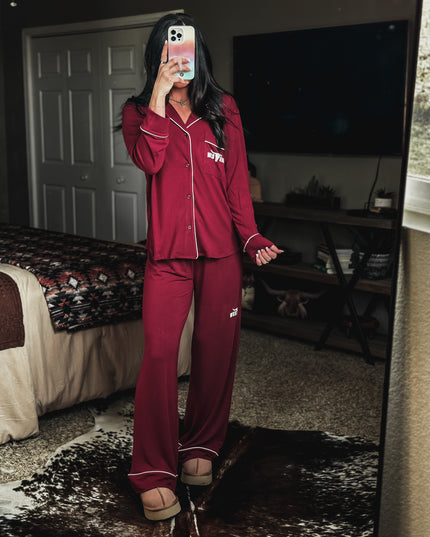 Brand Sleepover Pant PJ Set - Dark Burgundy
