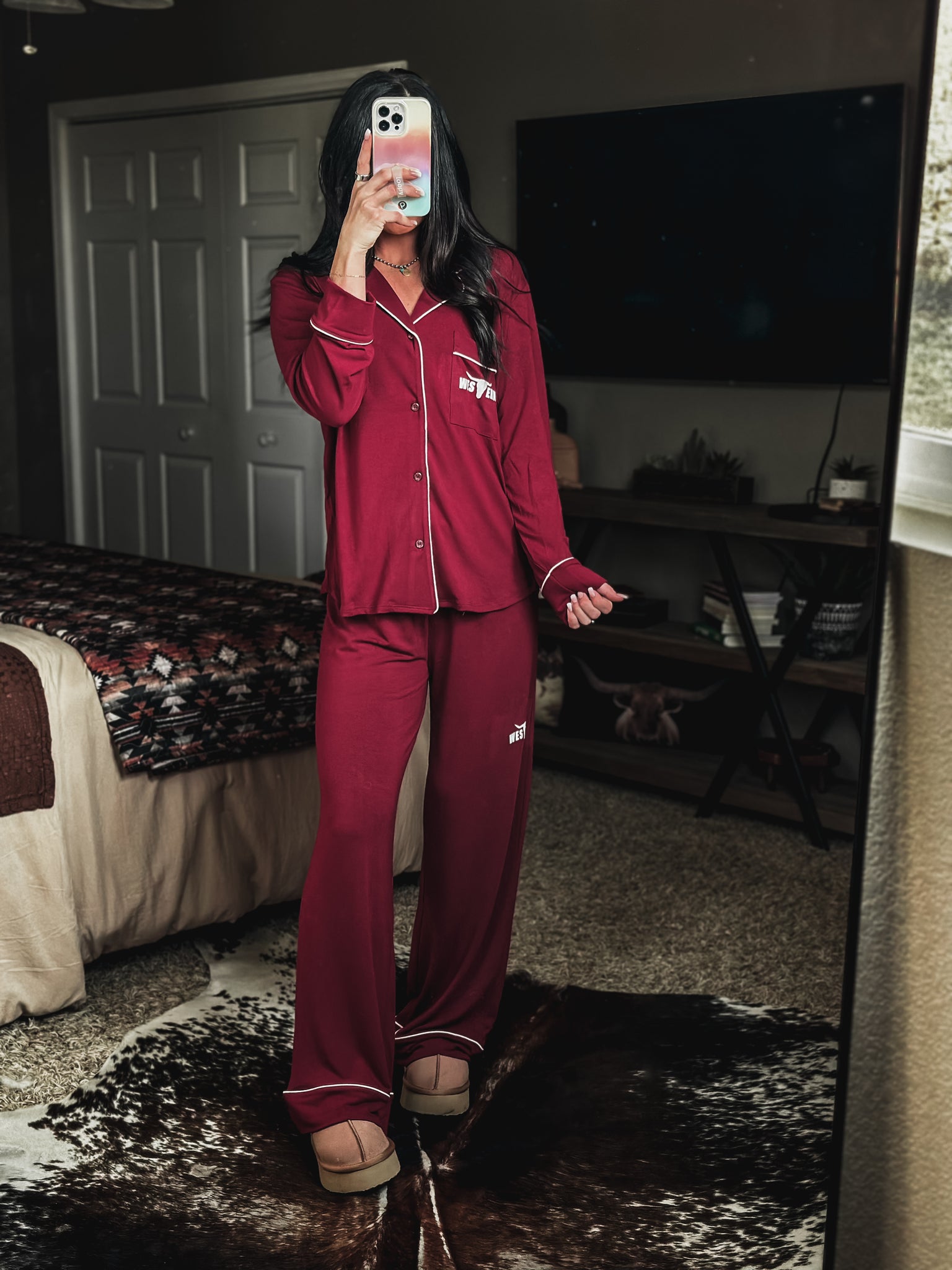 Brand Sleepover Pant PJ Set - Dark Burgundy