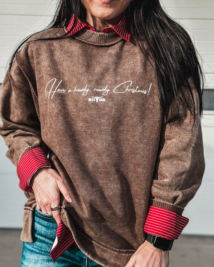 Howdy, Rowdy Christmas Crew Sweater - Mocha
