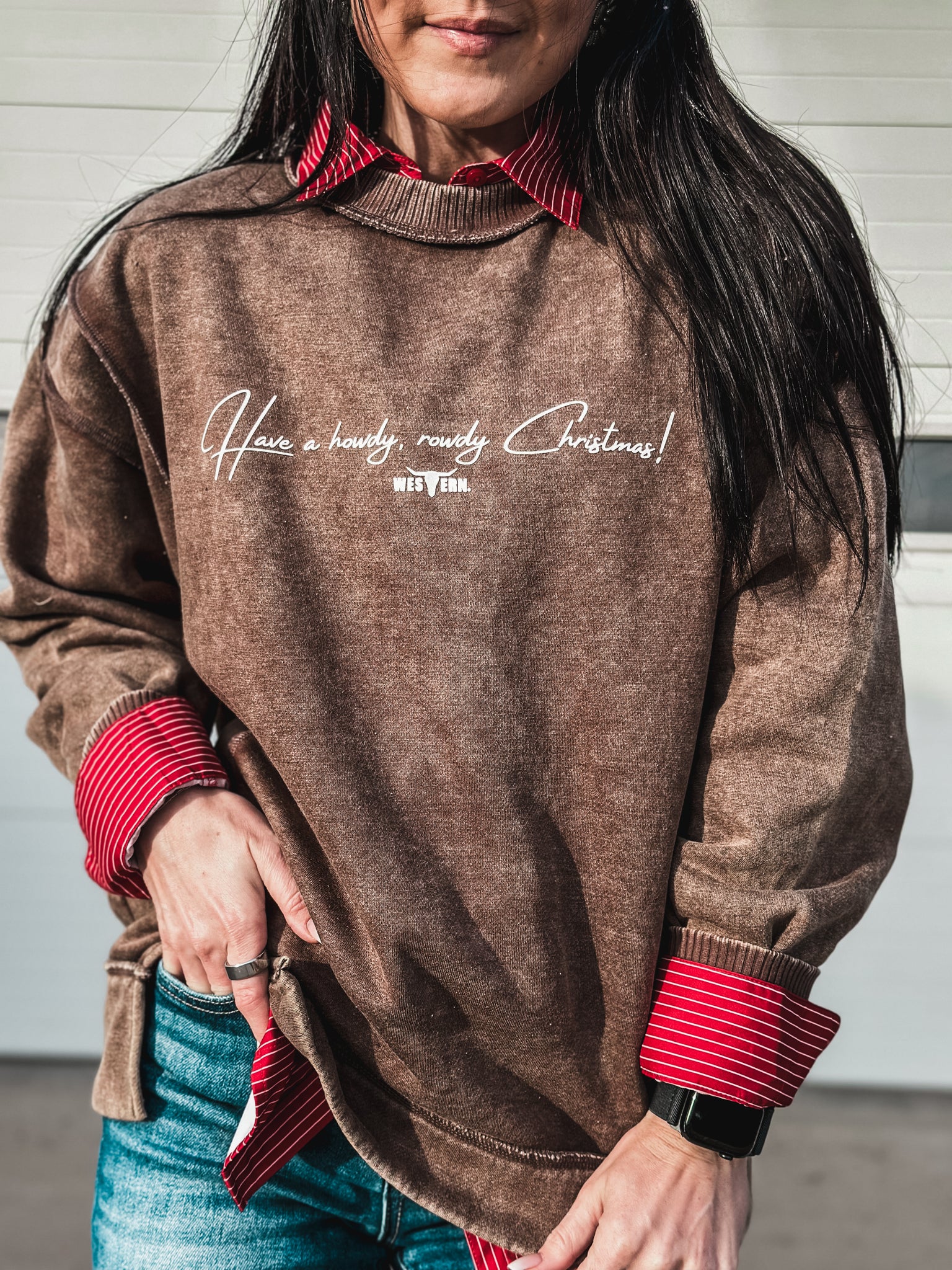 Howdy, Rowdy Christmas Crew Sweater - Mocha