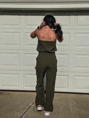 Brand Strapless Cargo Jumpsuit - Army Green