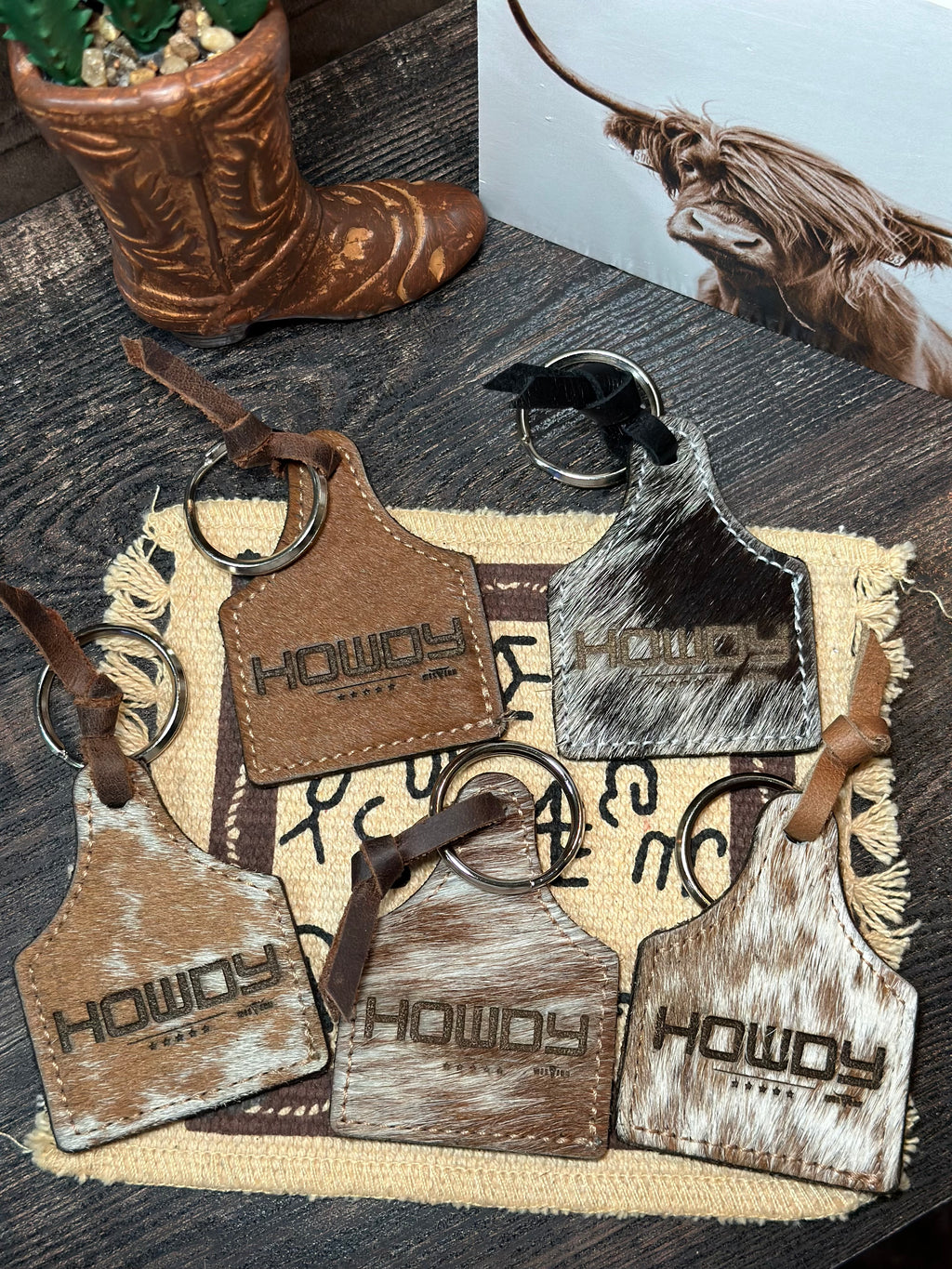 HOWDY Cow Tag Keychain