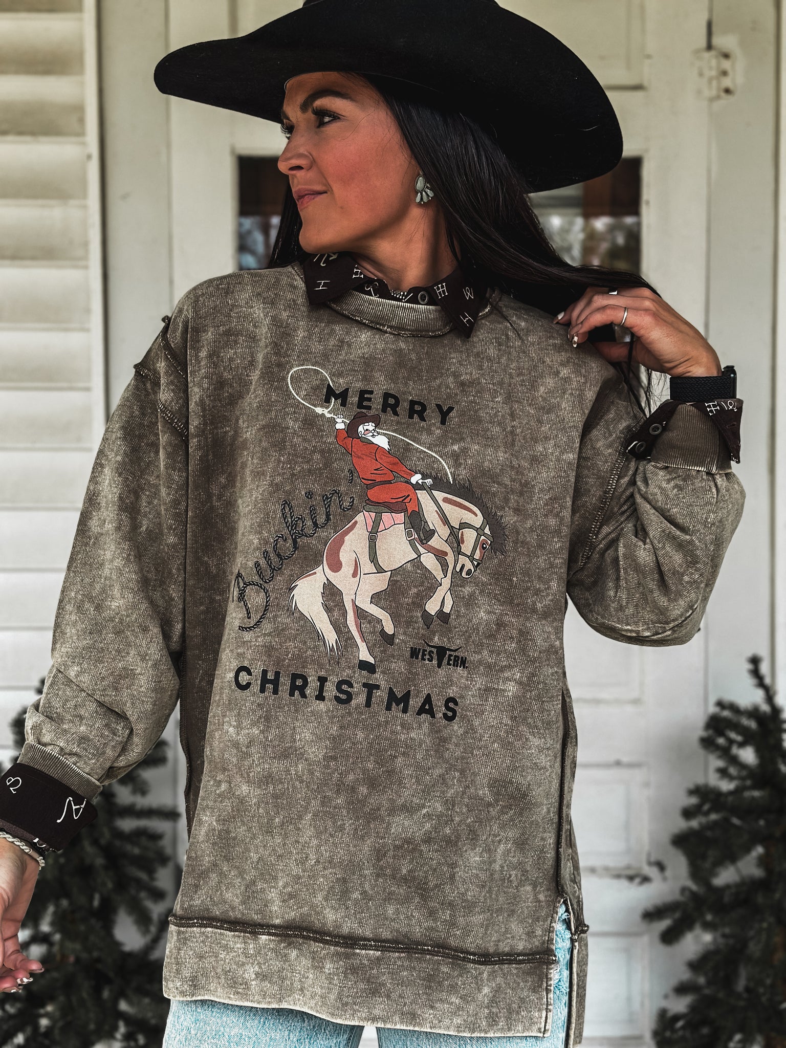 Buckin' Christmas Crew Sweater- Mocha