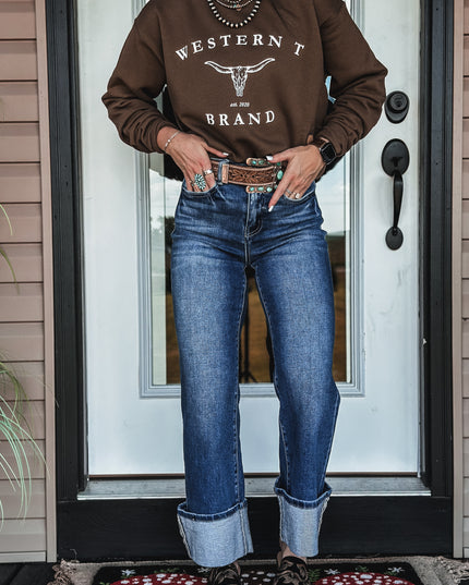 Western T Brand Longhorn Crew - Brown