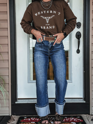 Western T Brand Longhorn Crew - Brown