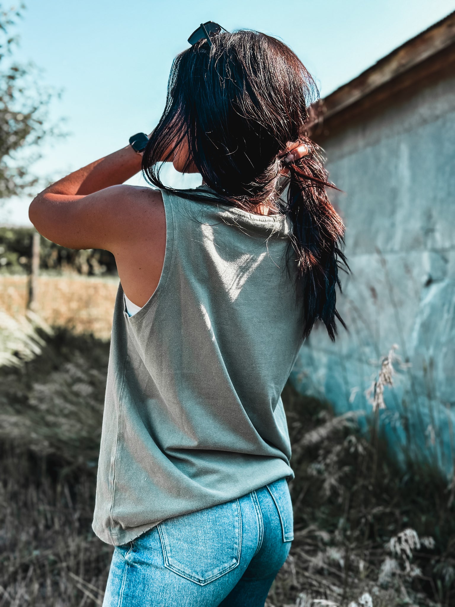 Brand Logo White Outline Tank - Sage