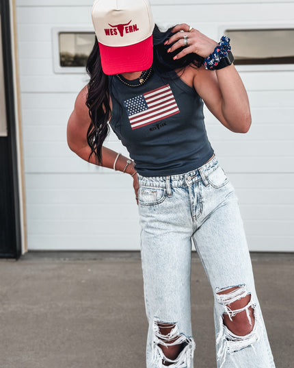 United States Flag Racer Tank - Vintage Navy