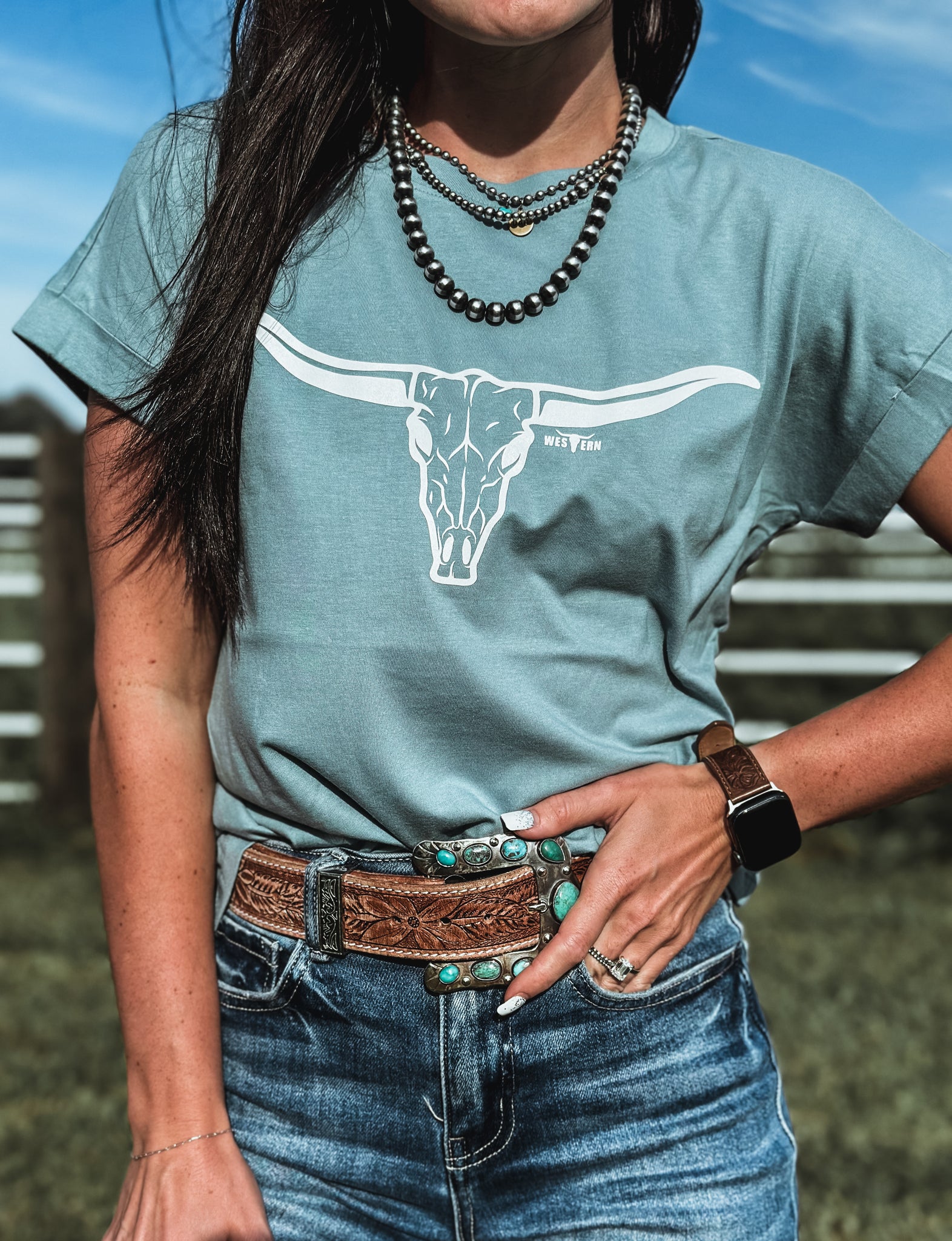 Longhorn Cuff T - Sky