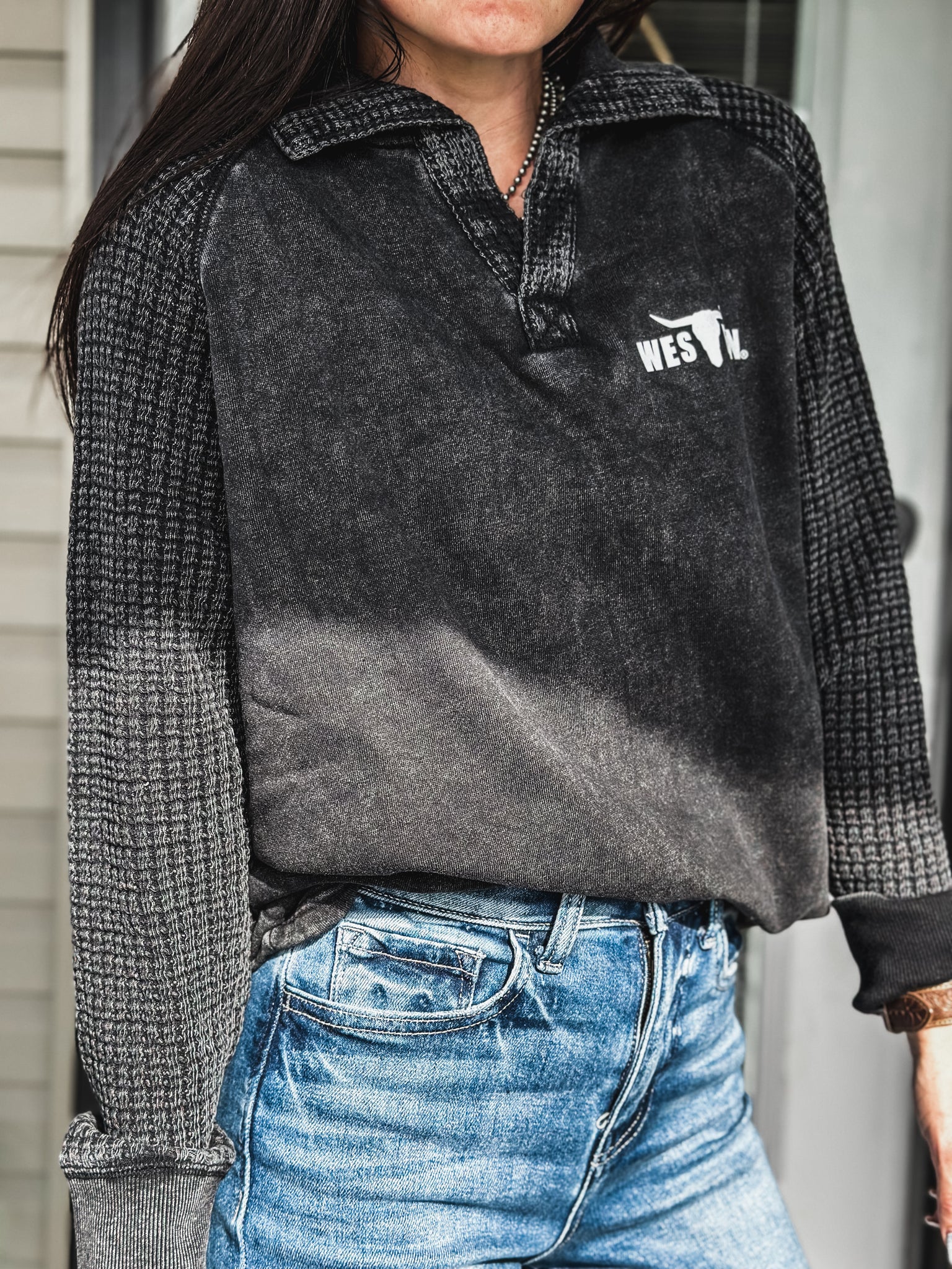 Brand Waffle Knit Pullover - Black