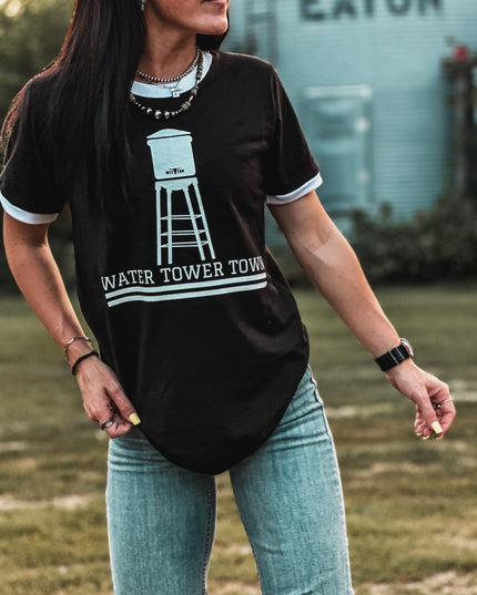 Water Tower Town Black Ringer Tee