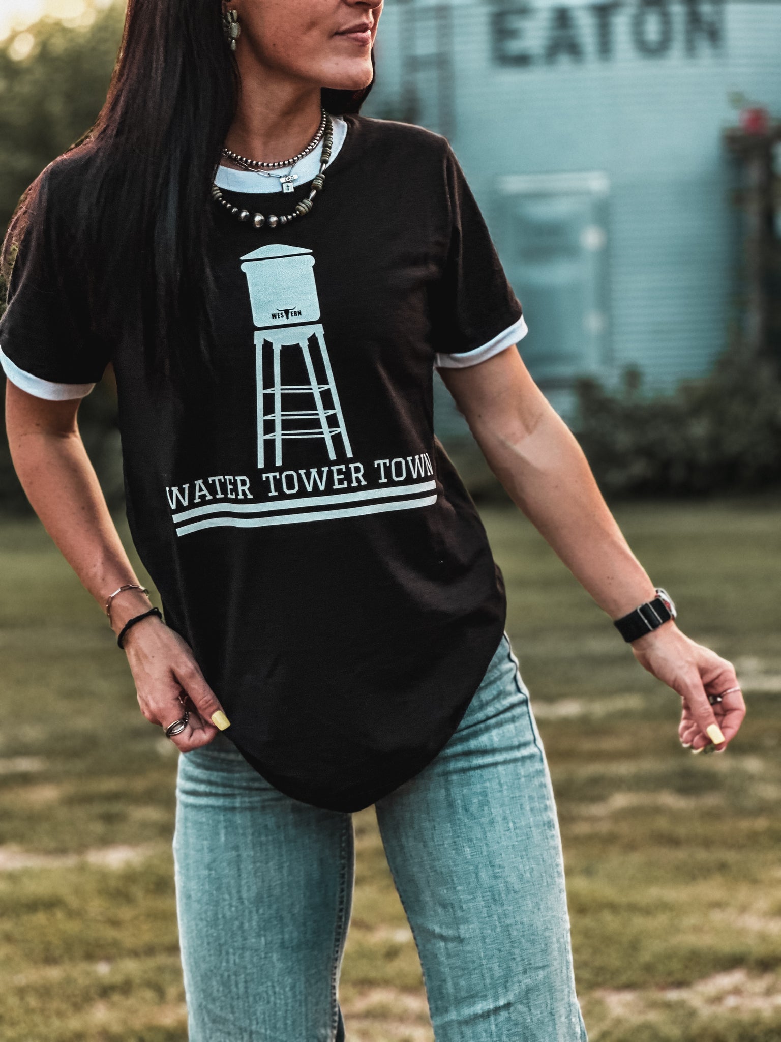 Water Tower Town Black Ringer Tee