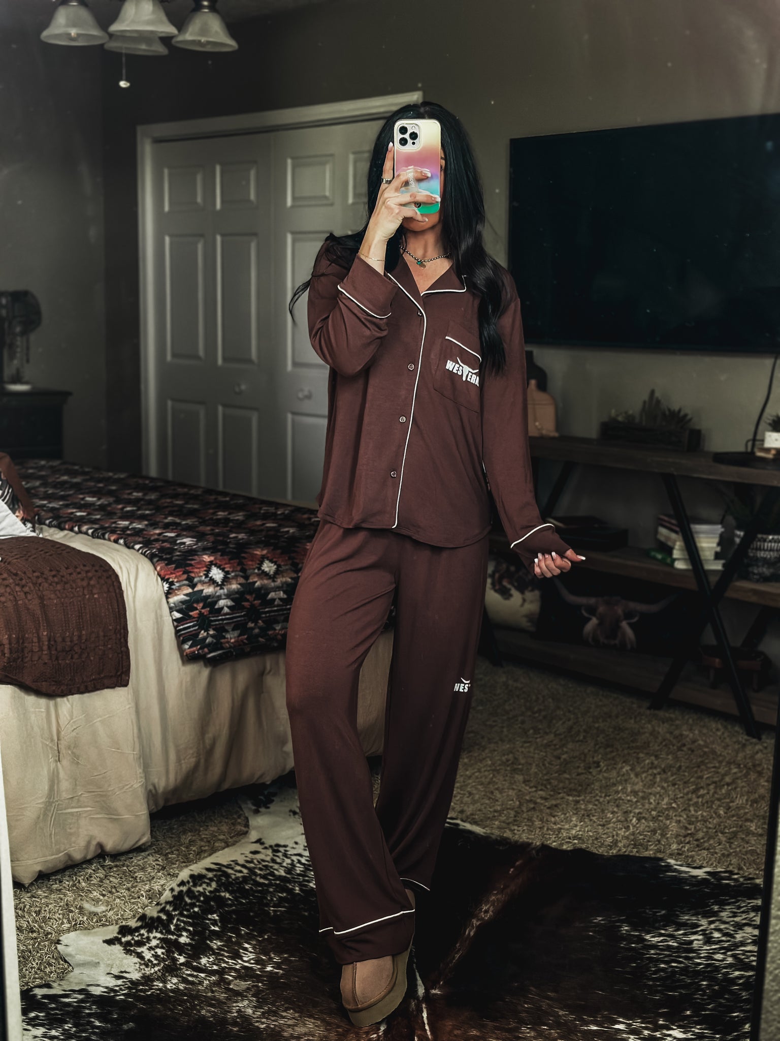 Brand Sleepover Pant PJ Set - Brown