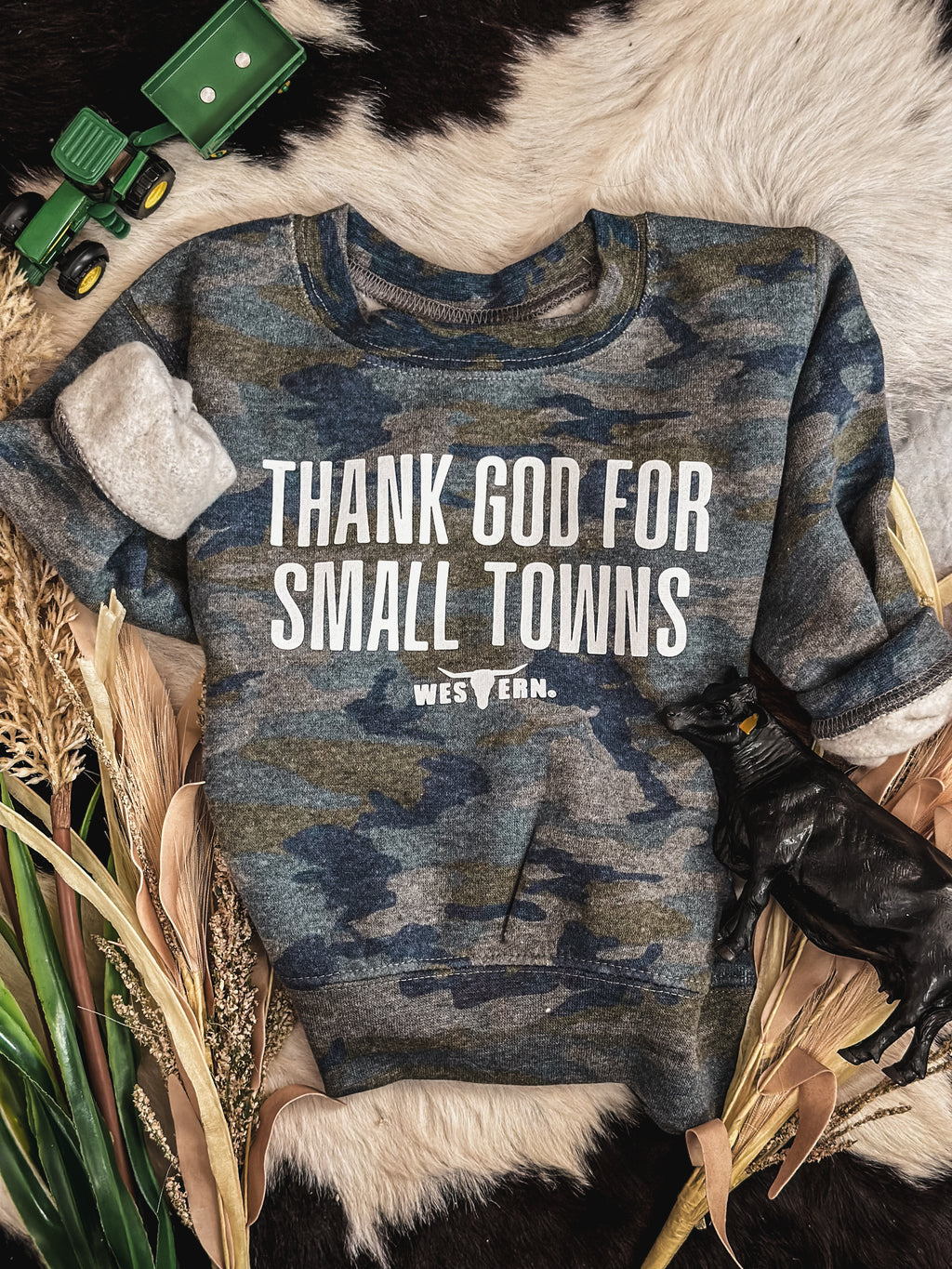 Thank God For Small Towns Toddler Crew - Green Camo