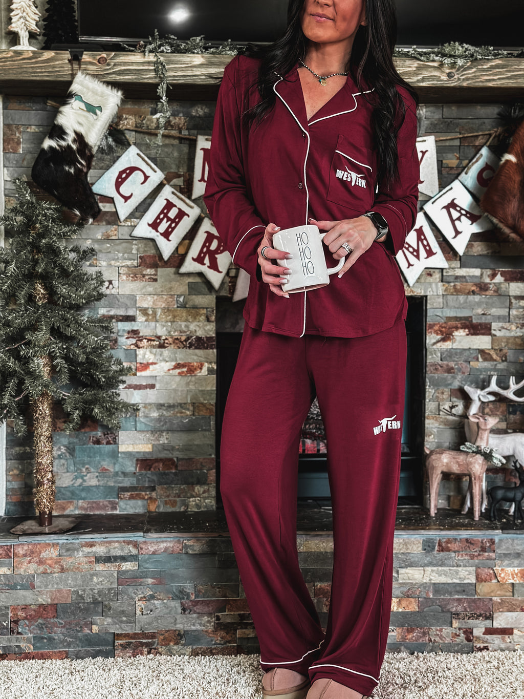 Brand Sleepover Pant PJ Set - Dark Burgundy