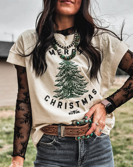 Merry Christmas Tree Vintage T - Cream