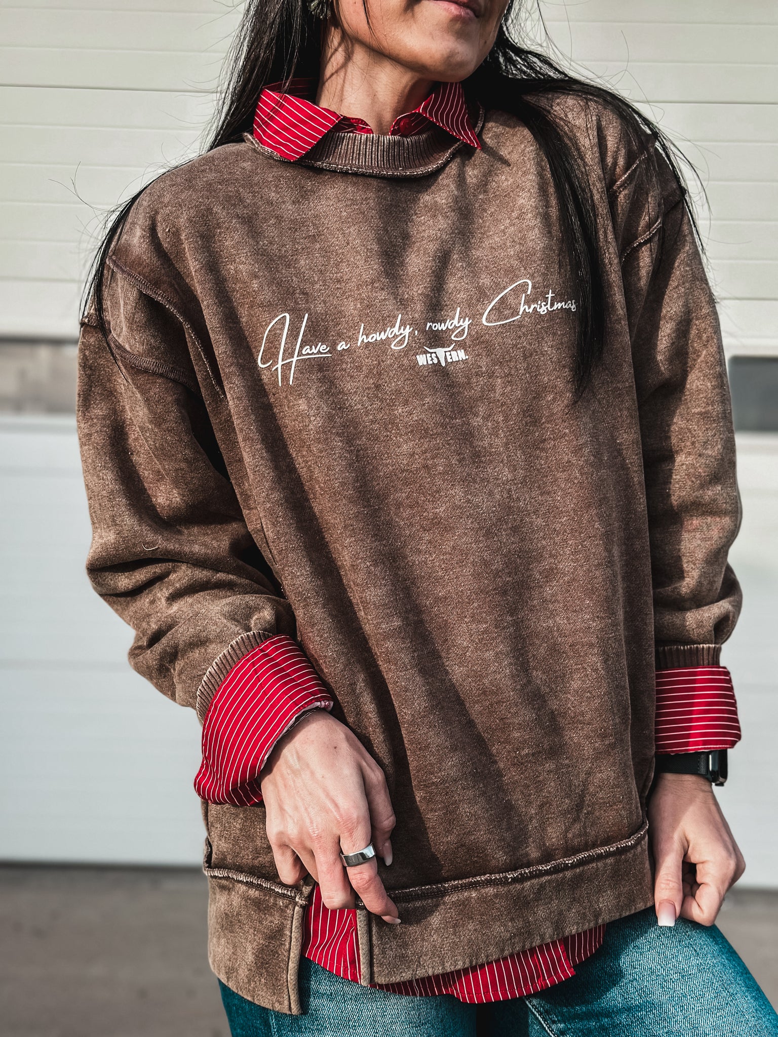 Howdy, Rowdy Christmas Crew Sweater - Mocha