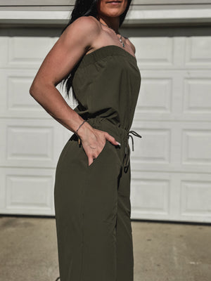 Brand Strapless Cargo Jumpsuit - Army Green