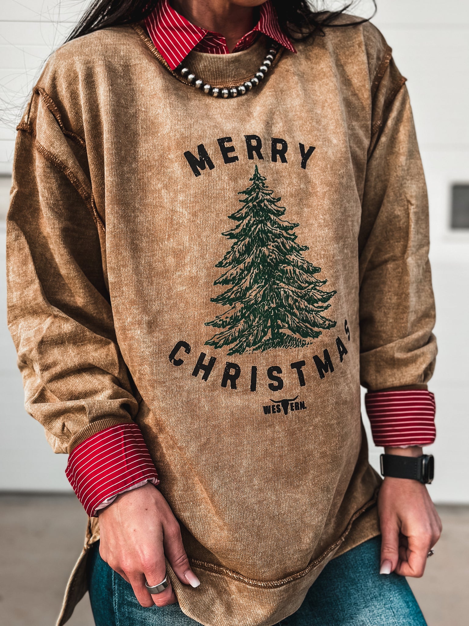 Merry Christmas Tree Crew Sweater - Camel