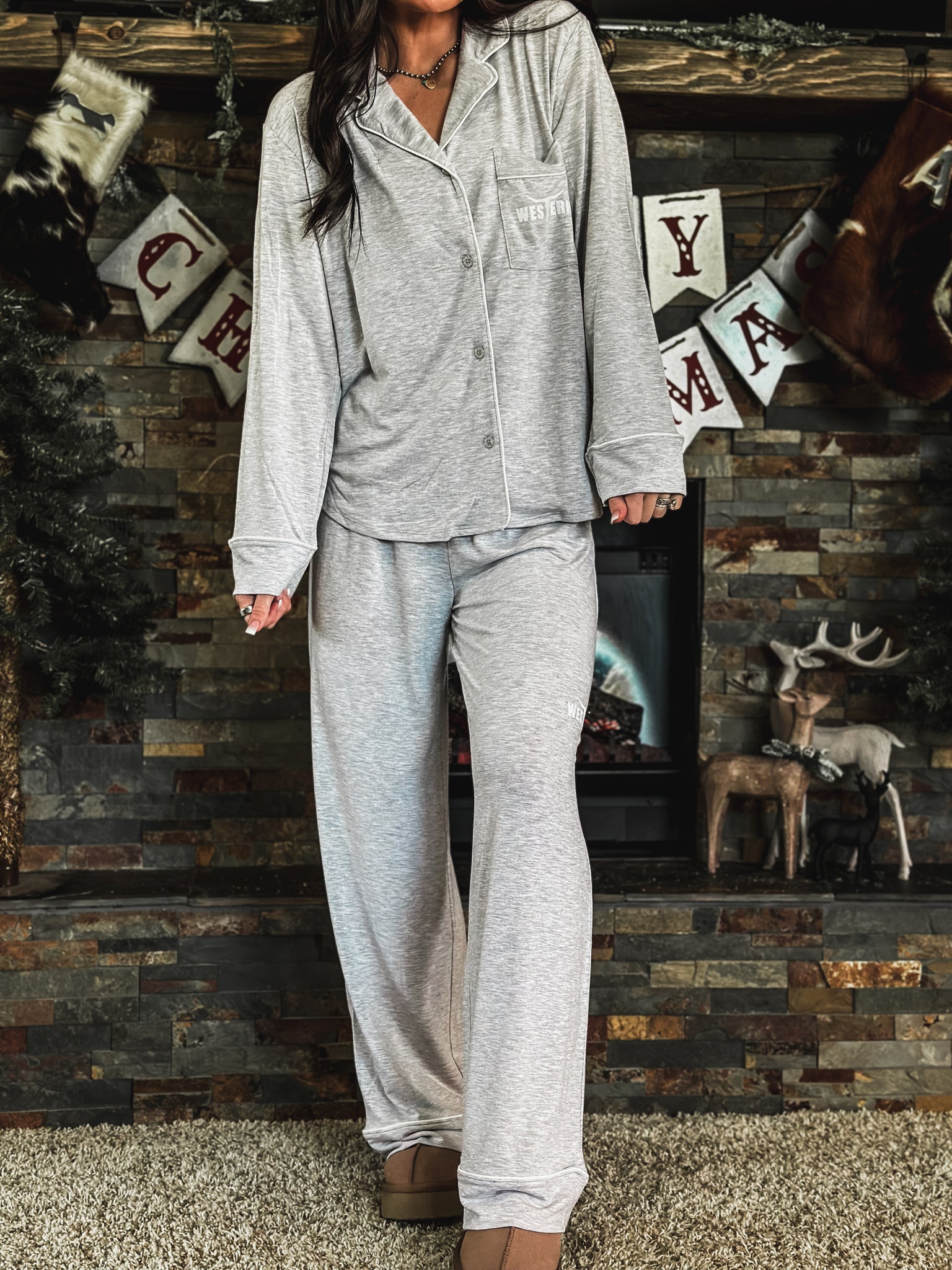 Brand Sleepover Pant PJ Set - Grey