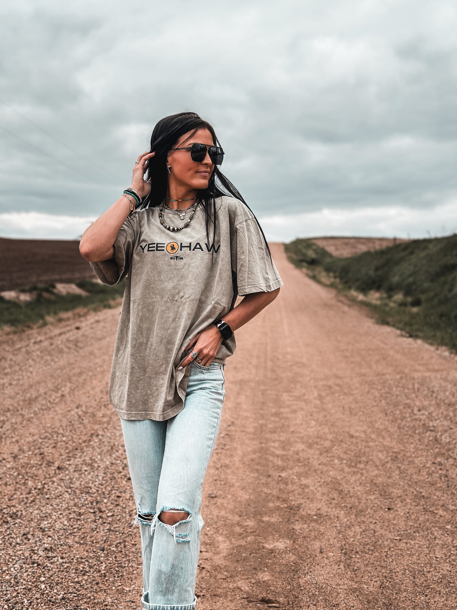 Yeehaw Cowboy Oversized Tee - Smoke Grey