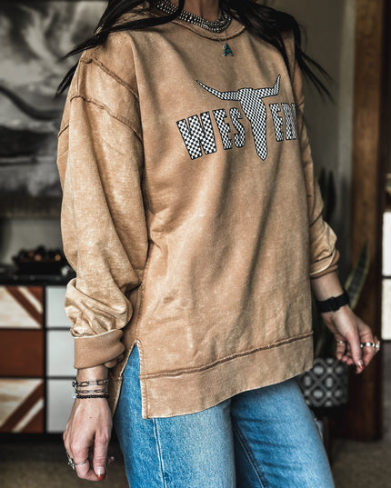 Brand Logo Checkers Sweater Crew - Desert