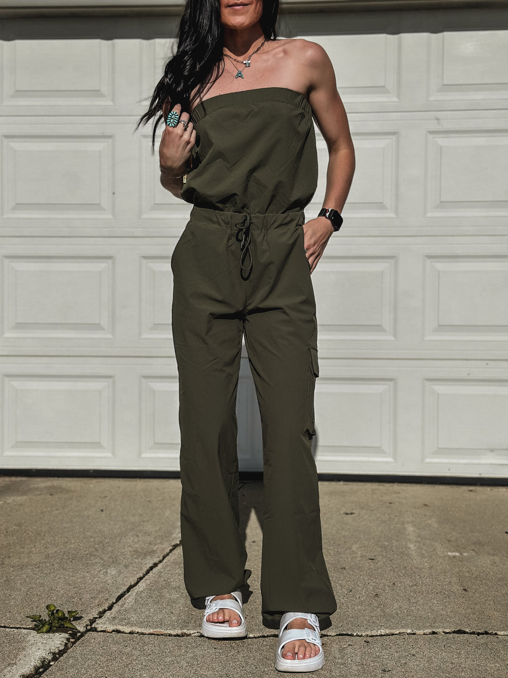 Brand Strapless Cargo Jumpsuit - Army Green