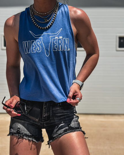 Brand White Outline Logo Cropped Tank - Cobalt Blue