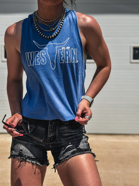 Brand White Outline Logo Cropped Tank - Cobalt Blue