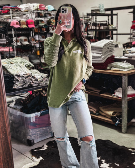 Brand Waffle Knit Pullover - Green Olive