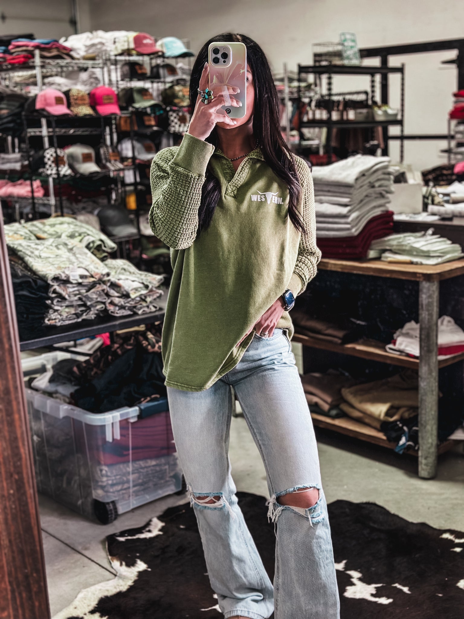 Brand Waffle Knit Pullover - Green Olive