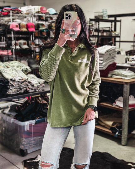 Brand Waffle Knit Pullover - Green Olive