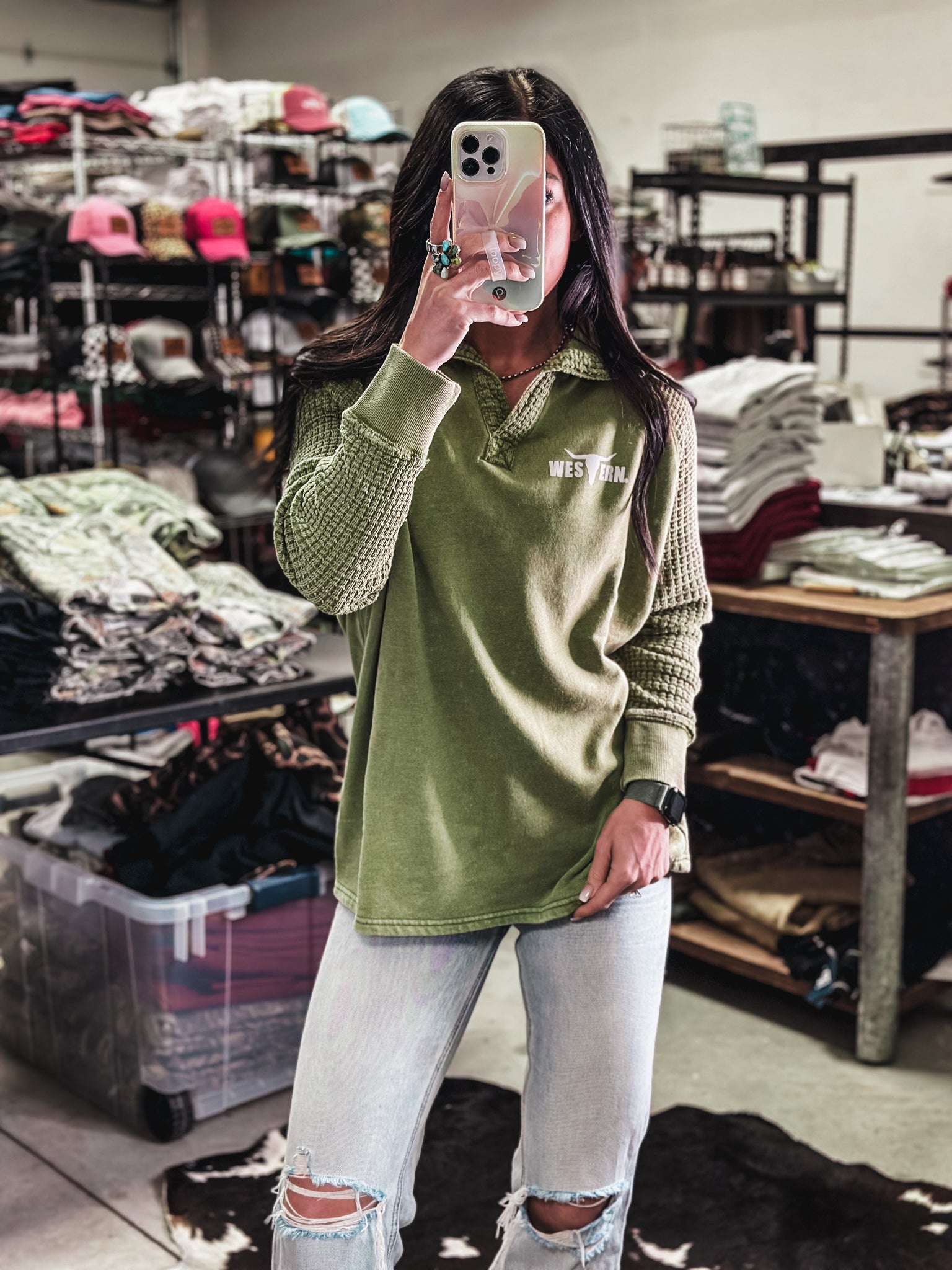 Brand Waffle Knit Pullover - Green Olive