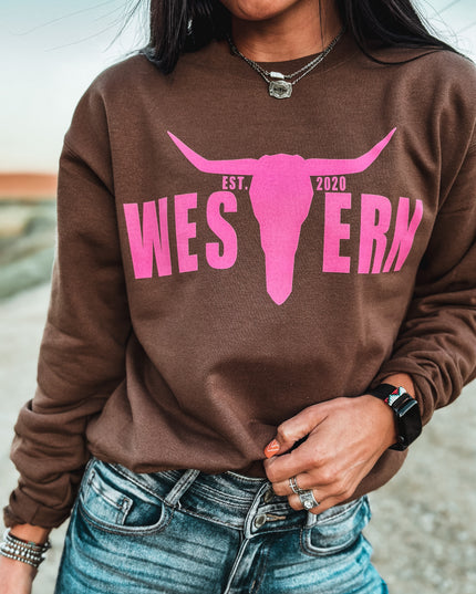 Brand Pink Logo Crew- BROWN