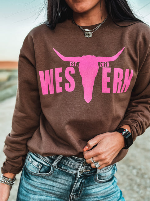 Brand Pink Logo Crew- BROWN