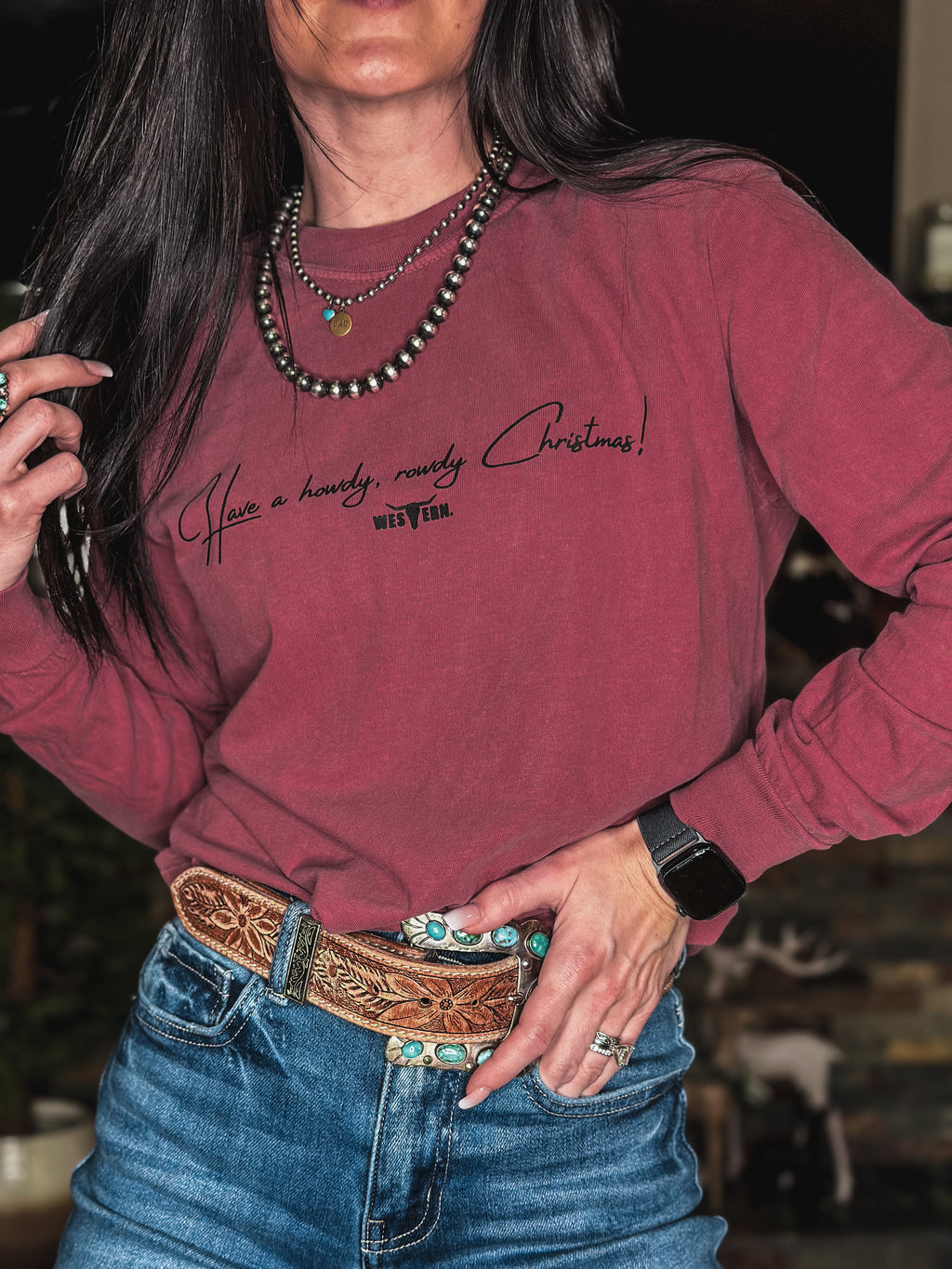 Howdy, Rowdy Christmas Longsleeve - Crimson