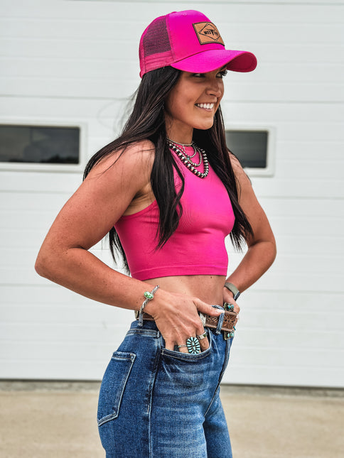 Brand Seamless Crop Tank - Hot Pink