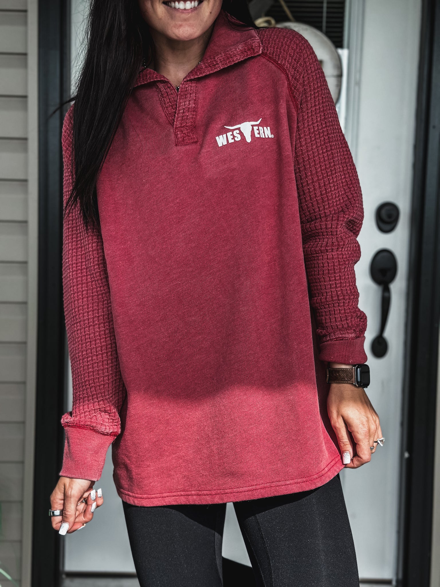 Brand Waffle Knit Pullover - Red