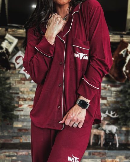 Brand Sleepover Pant PJ Set - Dark Burgundy