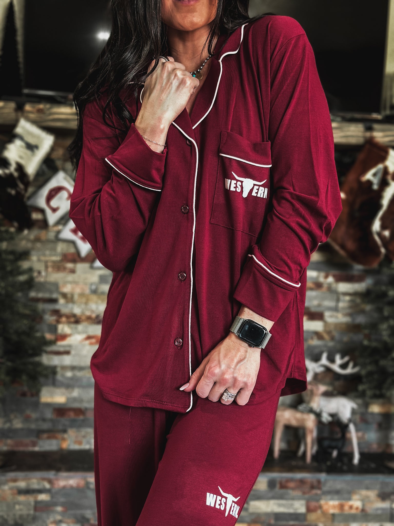 Brand Sleepover Pant PJ Set - Dark Burgundy