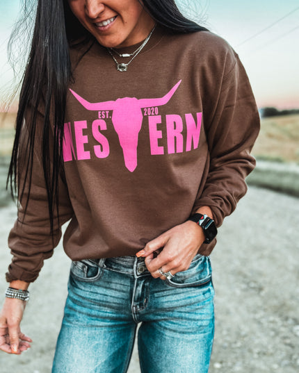 Brand Pink Logo Crew- BROWN