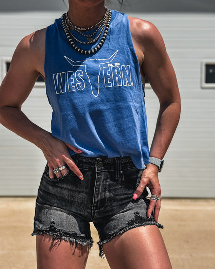 Brand White Outline Logo Cropped Tank - Cobalt Blue