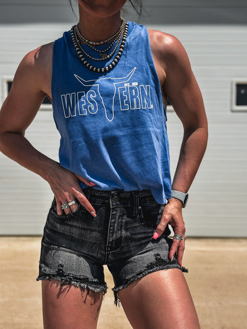 Brand White Outline Logo Cropped Tank - Cobalt Blue