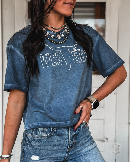 Brand Outline Logo Cropped Tee - Mineral Blue