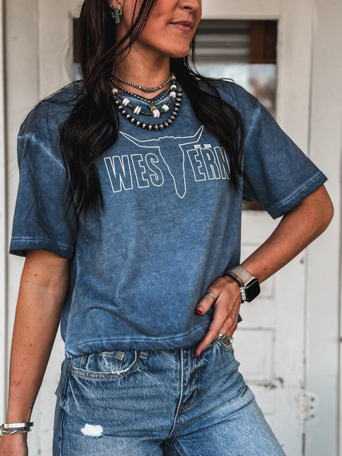 Brand Outline Logo Cropped Tee - Mineral Blue