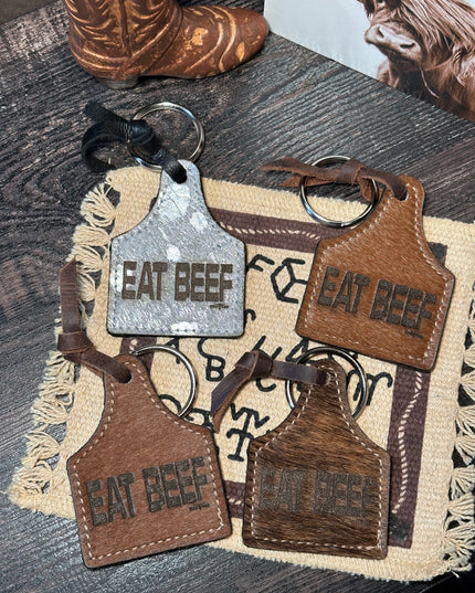 Eat Beef Cow Tag Keychain