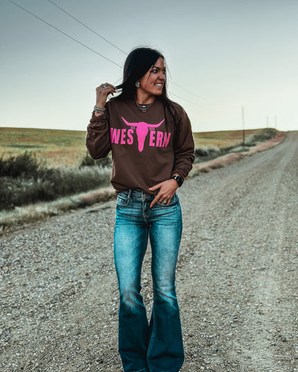 Brand Pink Logo Crew- BROWN