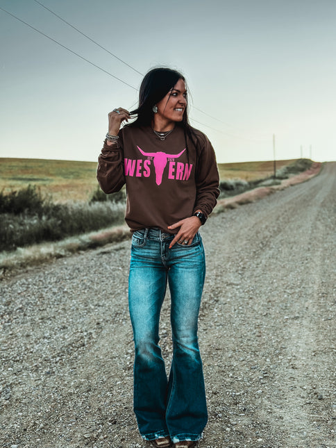 Brand Pink Logo Crew- BROWN