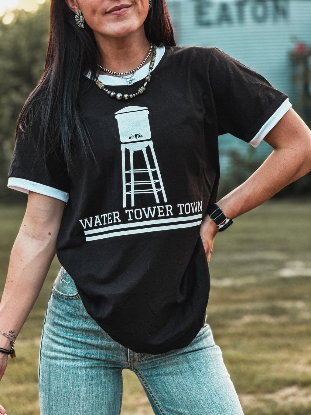 Water Tower Town Black Ringer Tee